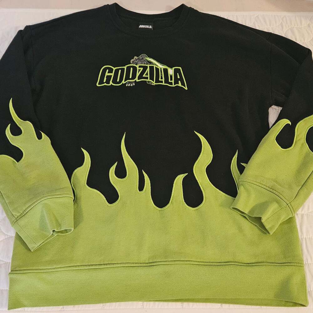 BoxLunch Godzilla Flame Panel Crewneck Sweatshirt Large Black Green Pullover